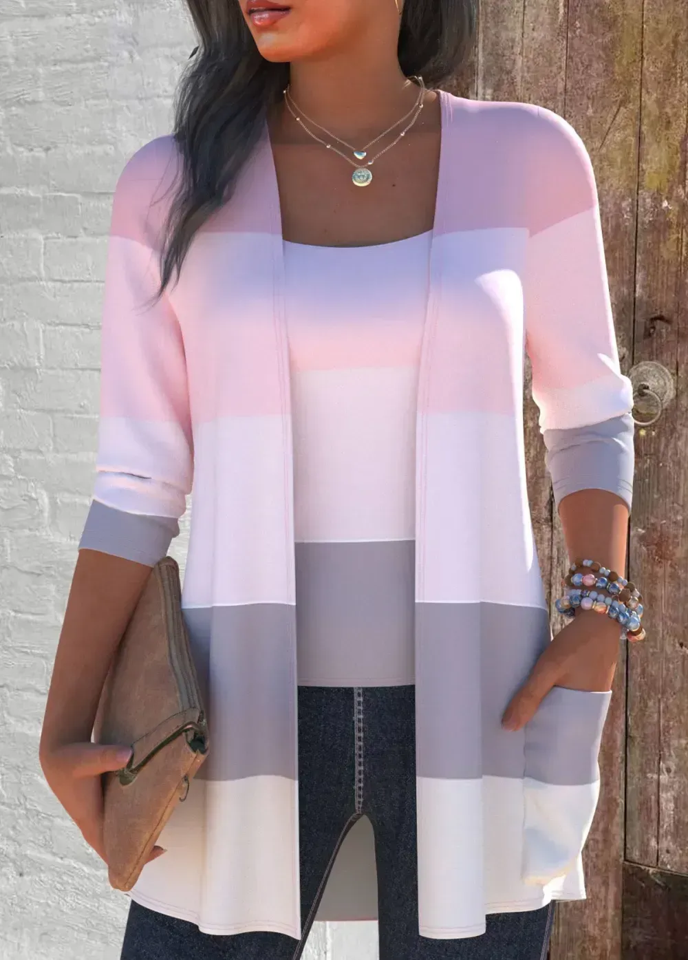 Pink Two Piece Striped Cardigan and Tank Top
