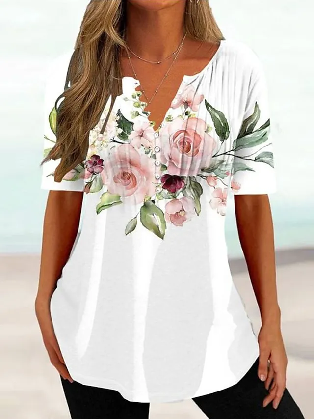 Women's T shirt Tee Henley Shirt Floral Butterfly Button Print Holiday Weekend Tunic Basic Short Sleeve Round Neck White