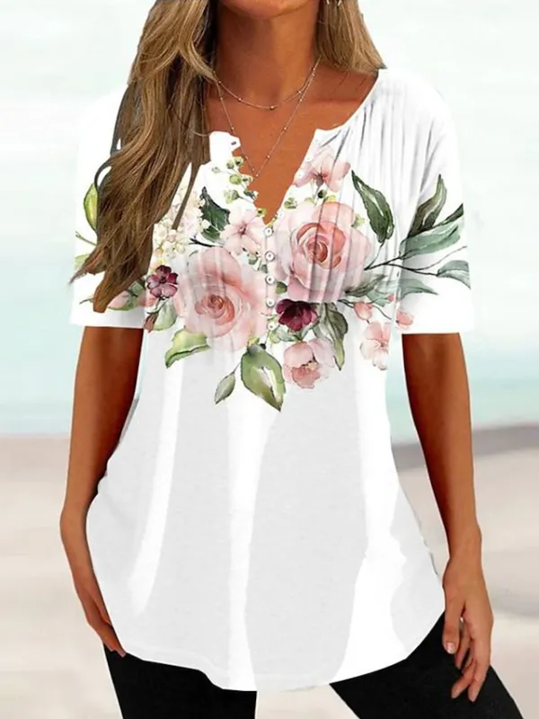Women's T shirt Tee Henley Shirt Floral Butterfly Button Print Holiday Weekend Tunic Basic Short Sleeve Round Neck White