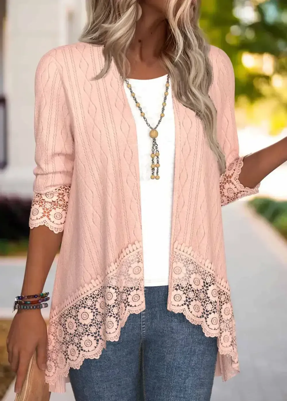 Dusty Pink Embroidery 3/4 Sleeve Light Coat