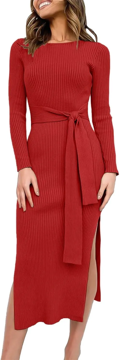 Long Sleeve Sweater Dress Crew Neck Slim Fit Slit Tie Waist 2024 Ribbed Knit Bodycon Midi Dress Fall Outfits