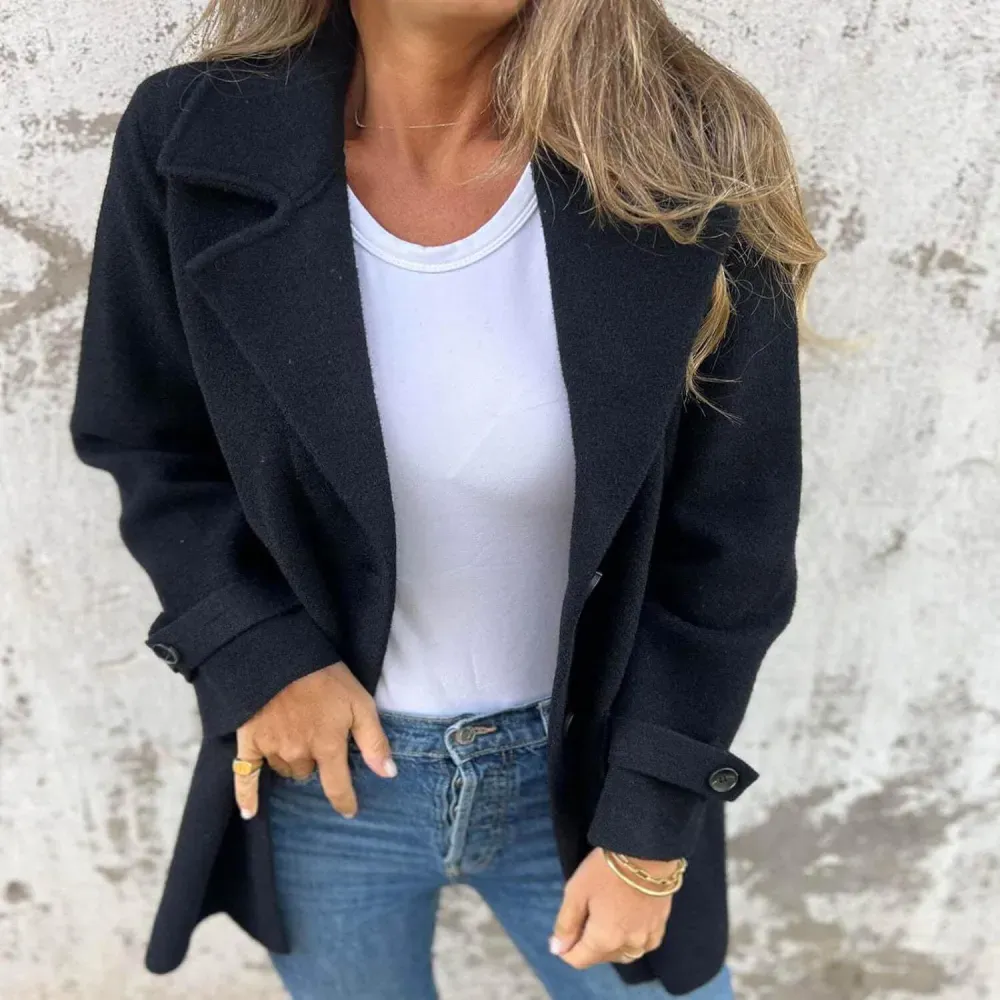 Women Wool Blend Coat 2024 Fall Lapel Single Breasted Mid Length Trench Coat Jacket Open Front Solid Long Sleeve Jacket