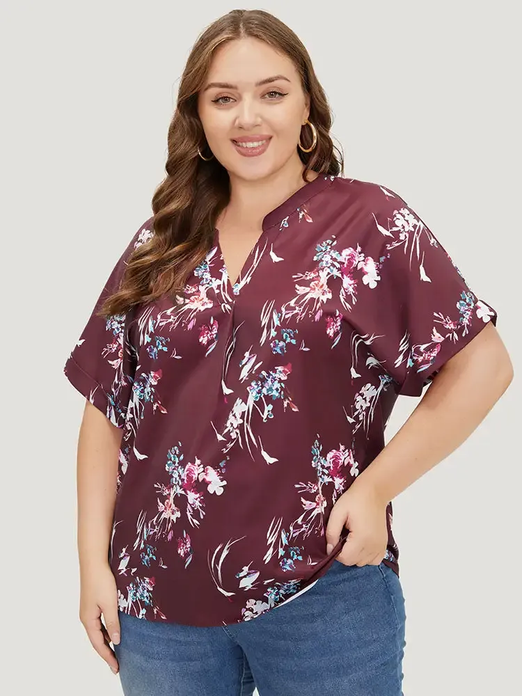 Floral Roll Batwing Sleeve Notched Neck Blouse