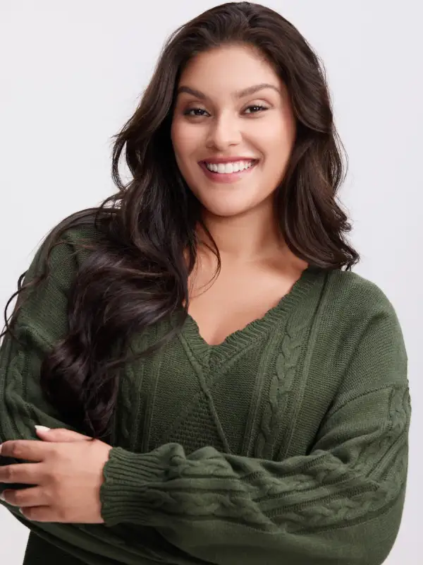 CableKnit Balloon Sleeve V-Neck Pullover