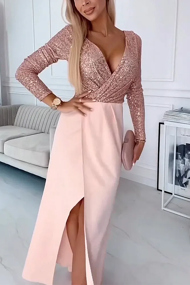 Women's solid color sequin V-neck top and skirt two-piece set