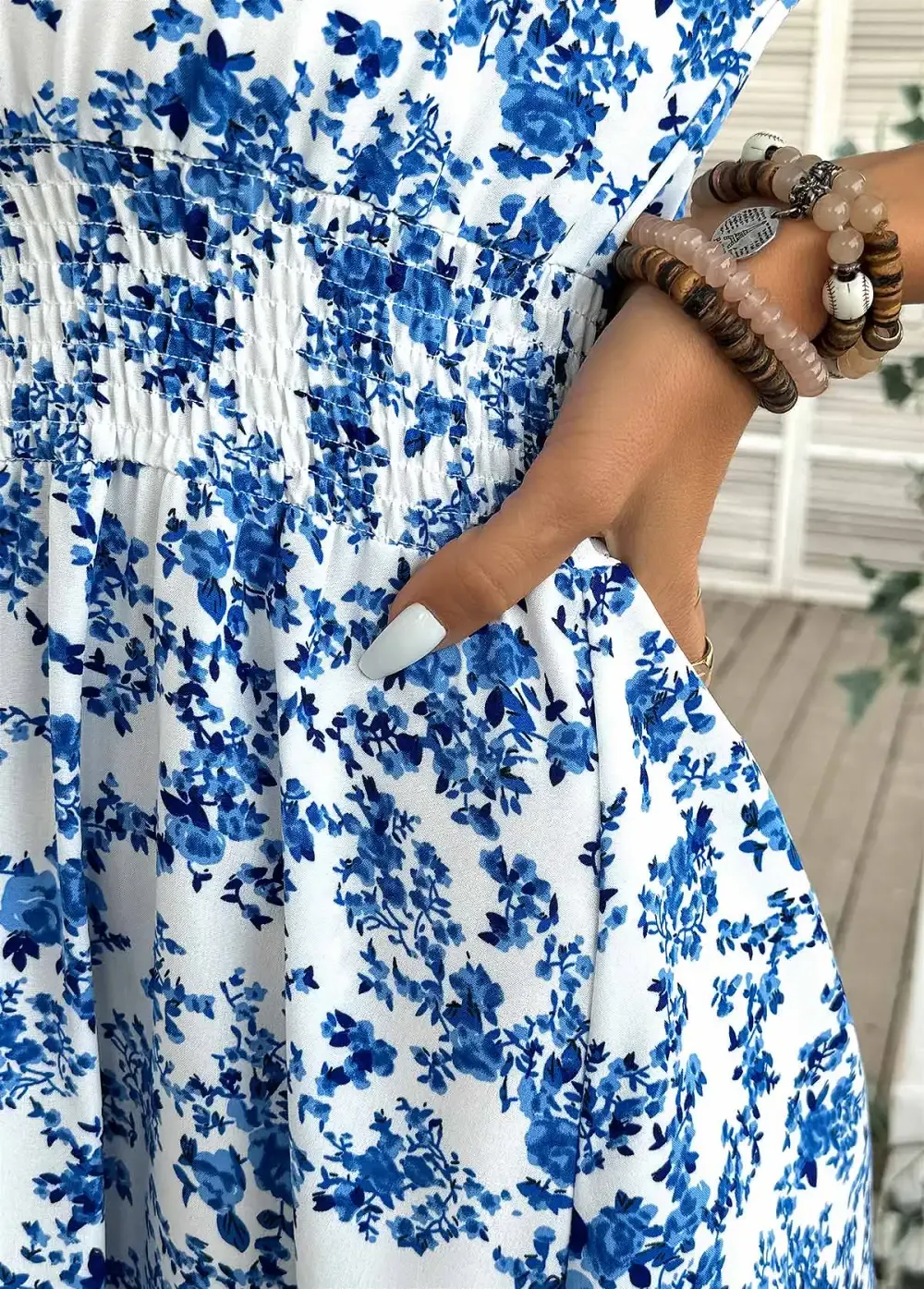 Blue Ditsy Floral Print Short Sleeve Off Shoulder Dress