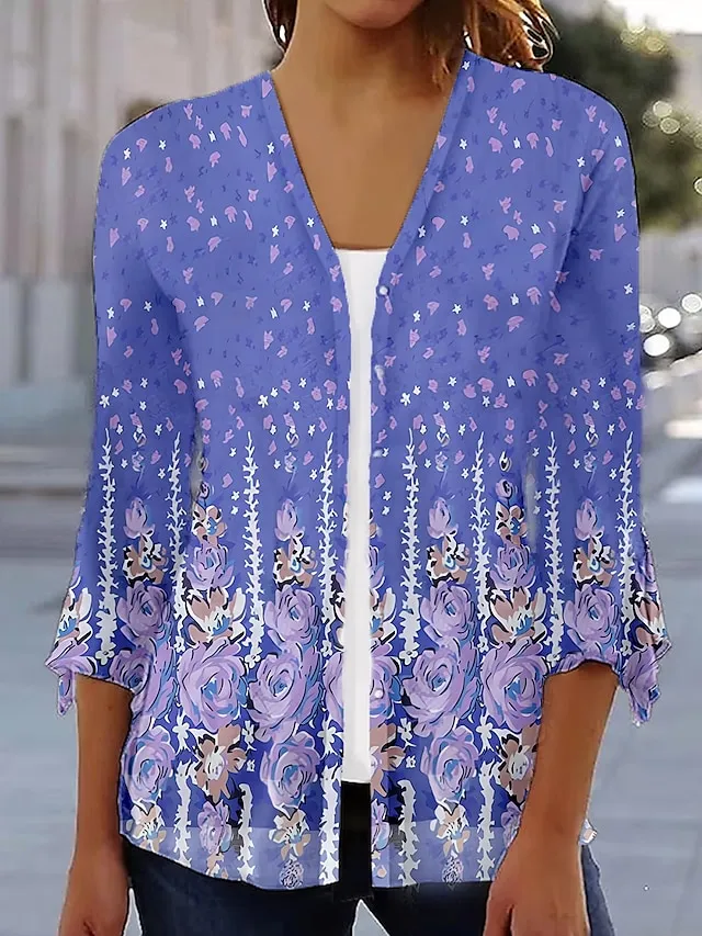 Women's Shirt Blouse White Red Purple Graphic Floral Print 3/4 Length Sleeve Casual Basic V Neck Regular Floral S