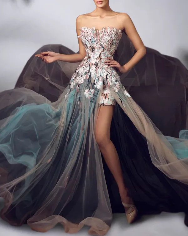 Embellished Evening Gown Long Tulle Dress