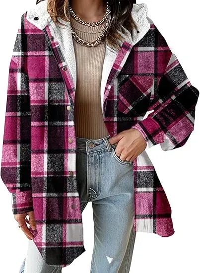 Flannel Hooded Plaid Shacket - Button-Down Thick Fleece-Lined Fuzzy Winter Coat