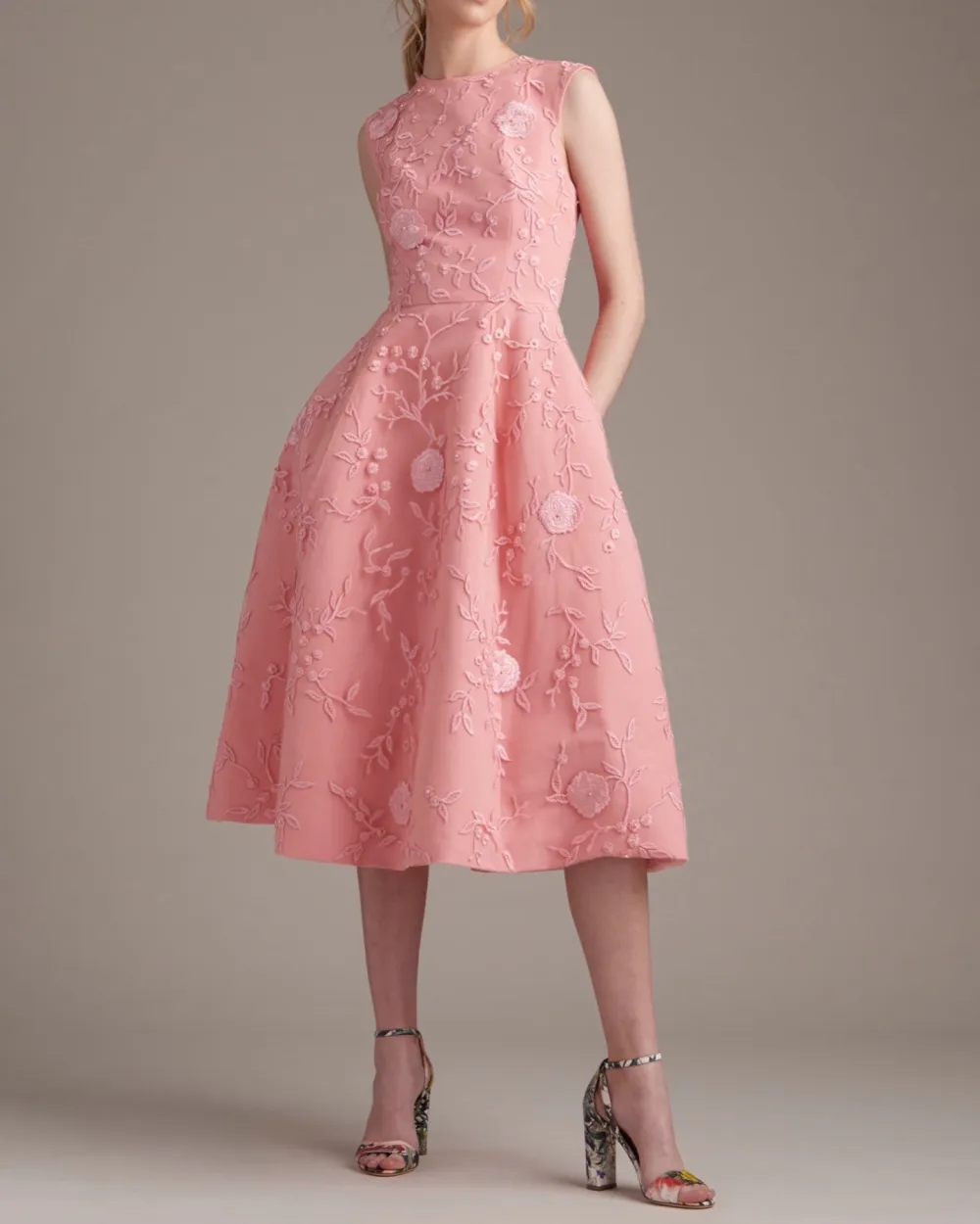 Three-dimensional floral embroidery minimalist cocktail dress