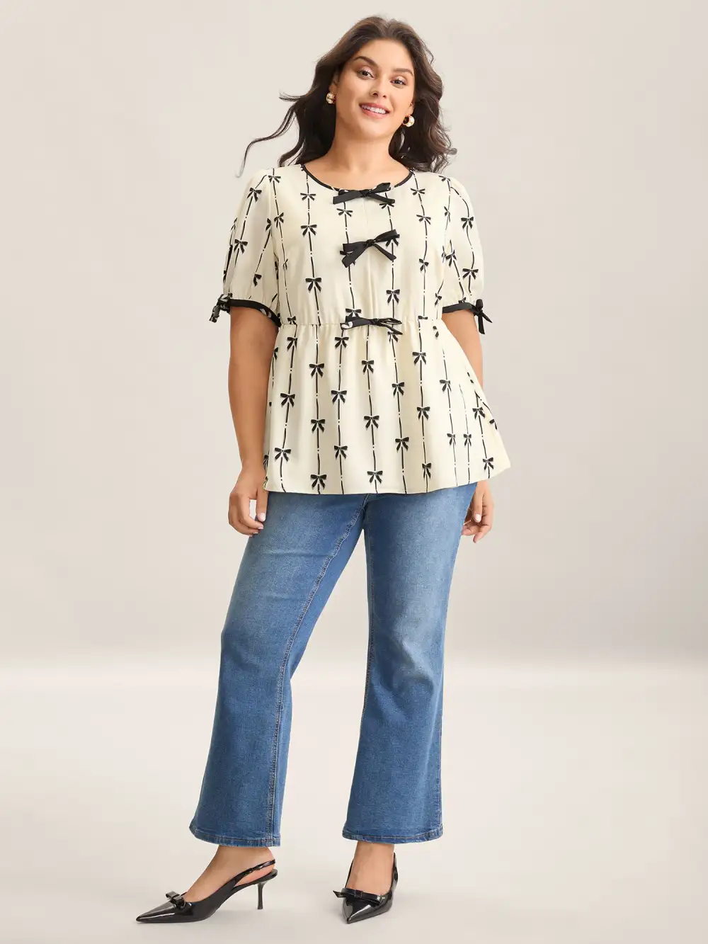 Bow Detail Printed Color Contrast Blouse