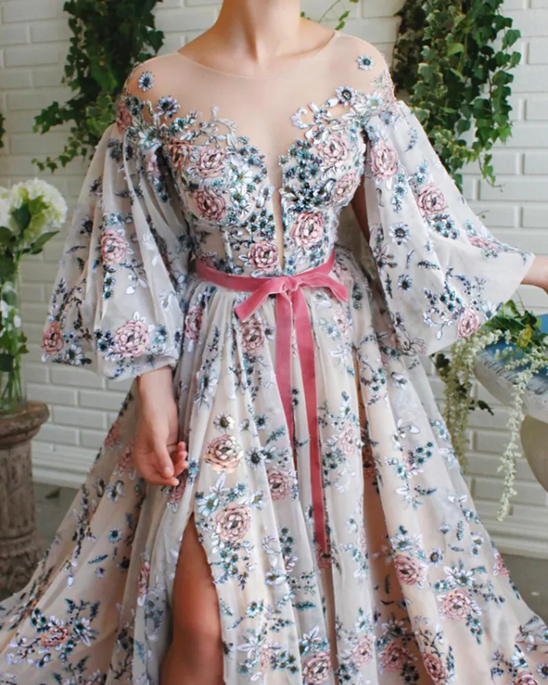 evening gown slit tulle embroidered maxi dress