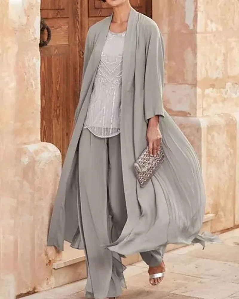 Temperament Casual Simple Chiffon Cardigan Ladies Two-piece Set