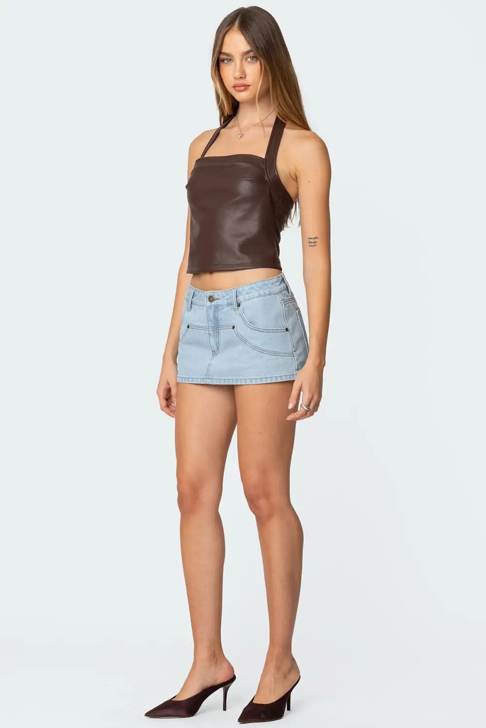 Draped Faux Leather Halter Top