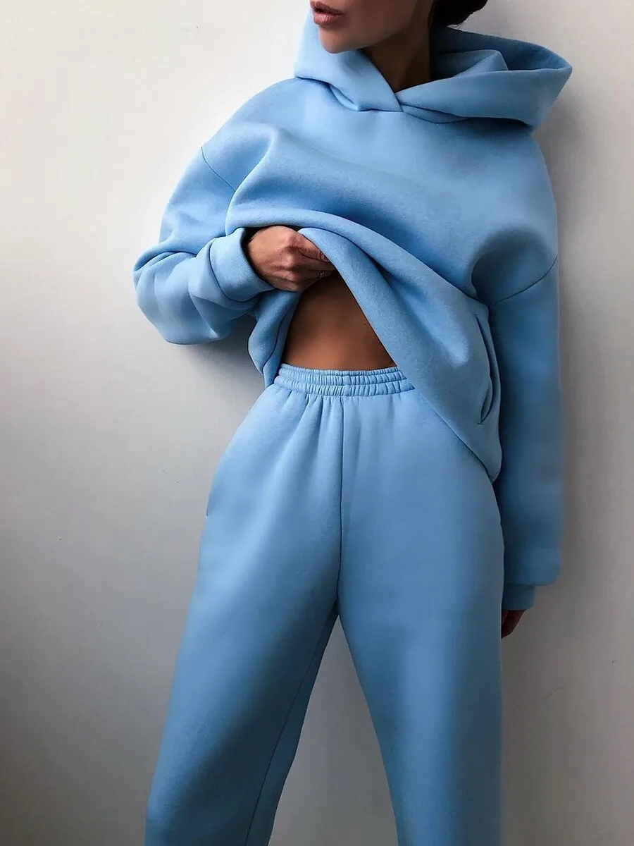 Fashion Casual Hooded Solid Color Two-piece Suit