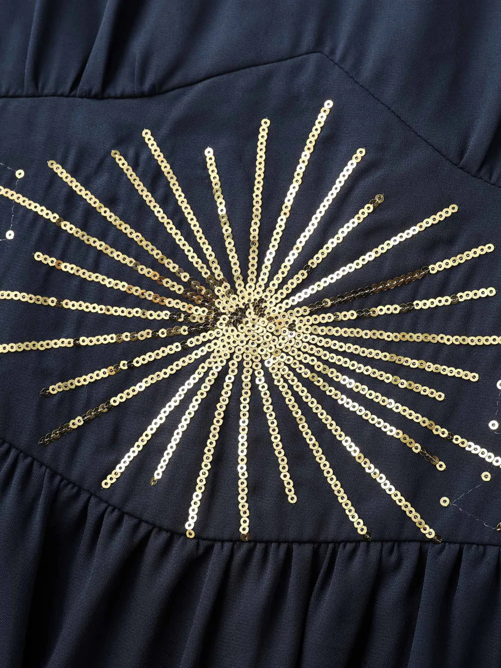 Gold Sequin Embroidery Sheer Shirred Midi Dress