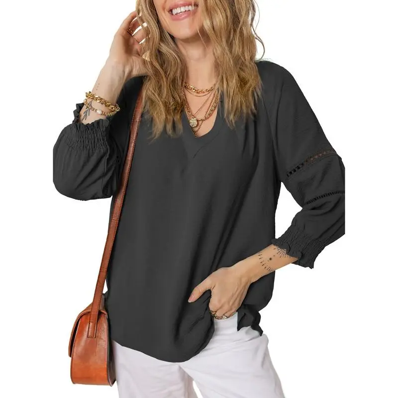 Women's Casual V-Neck Hollow-Out Blouse (3/4 Sleeve, Soft Breathable)