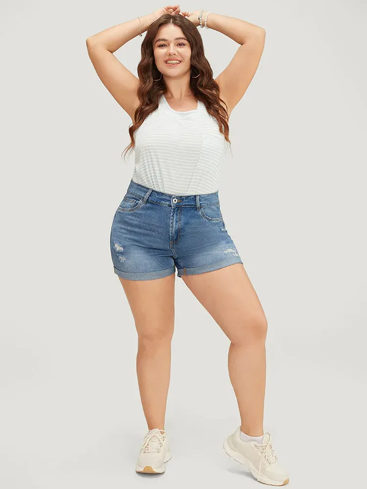 Skinny Very Stretchy Light Wash Roll Hem Distressed Denim Shorts