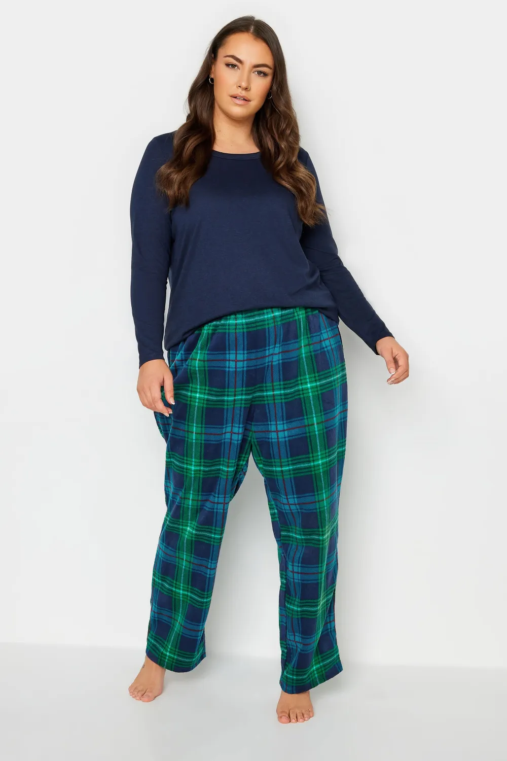 YOURS Curve Blue & Green Tartan Print Pyjama Bottoms