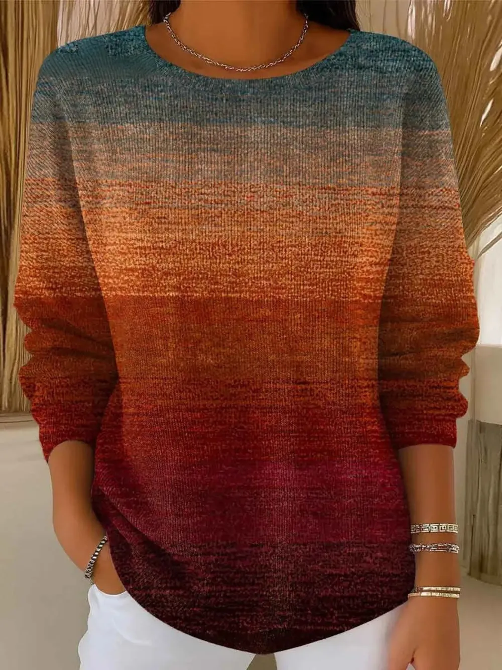 Women's Autumn Gradient Striped Casual Pullover Sweater