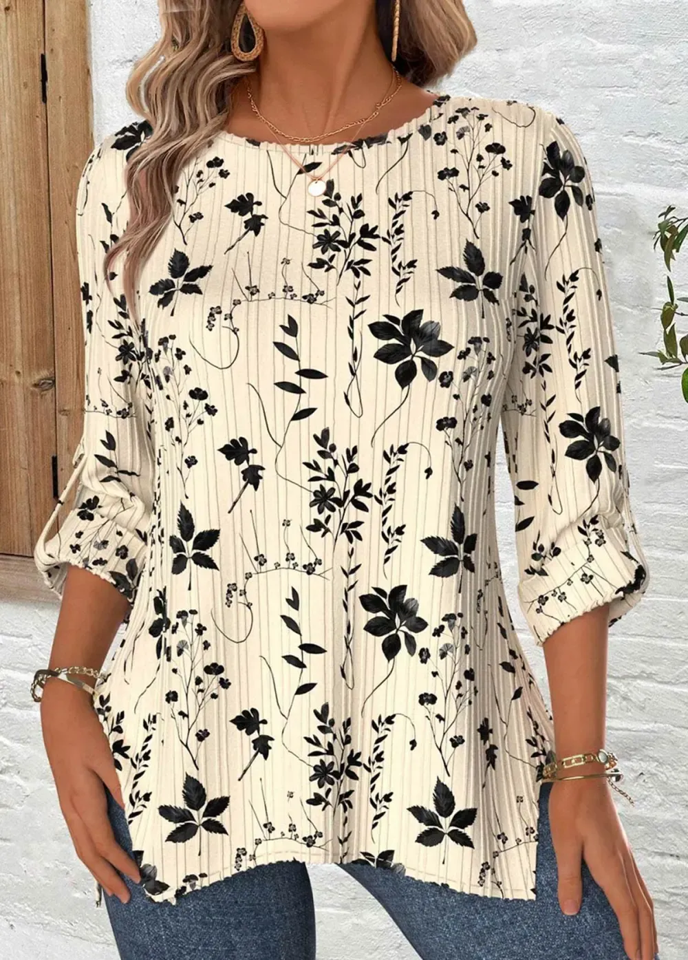 Beige Floral Print Long Sleeve Round Neck Blouse