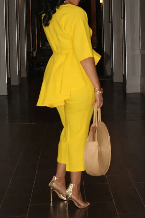 Yellow Irregular Peplum Pant Set