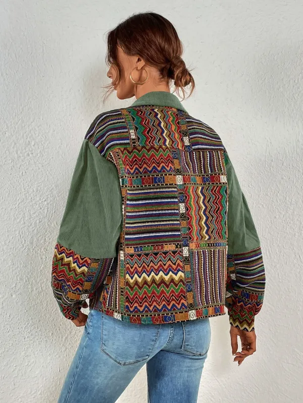 Geo Print Drop Shoulder Corduroy Jacket