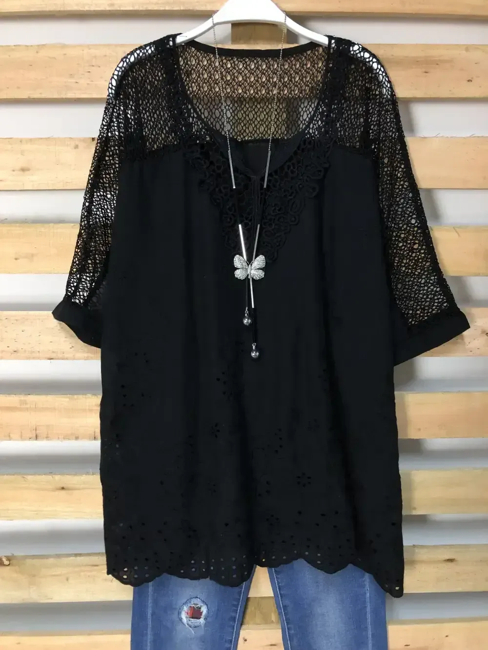 Woman Fashion Openwork Lace Shirt Tops Blouse