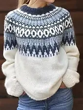 Women's Sweater Fair Isle Sweater Pullover Casual Soft Floral Ribbed Crew Neck Knitted Print Long Sleeve Regular Tops Knit Outdoor Daily Holiday Red Blue Fall Winter