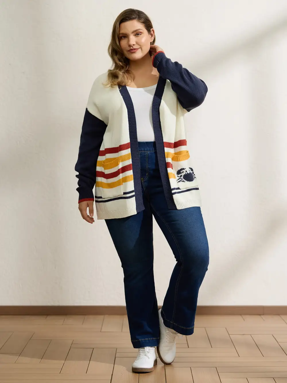 Colorful Stripe Seahorse Motif Jacquard Knit Cardigan
