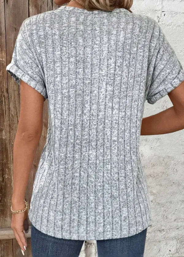 Light Grey Marl Zipper Short Sleeve V Neck Blouse