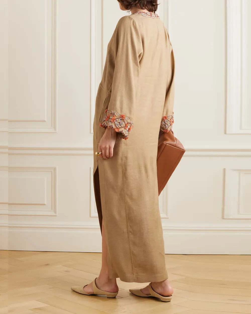 Embellished herringbone linen and silk-blend maxi dress