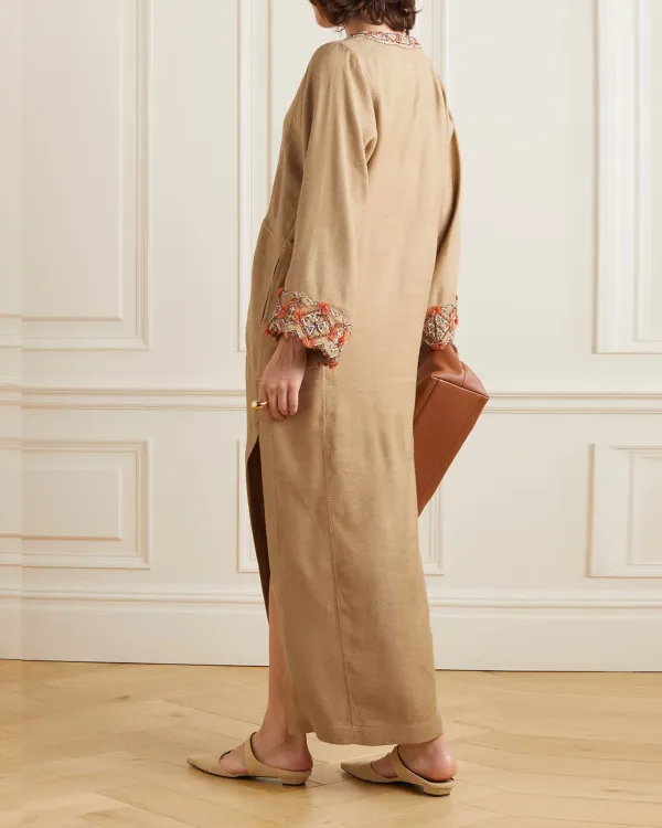 Embellished herringbone linen and silk-blend maxi dress