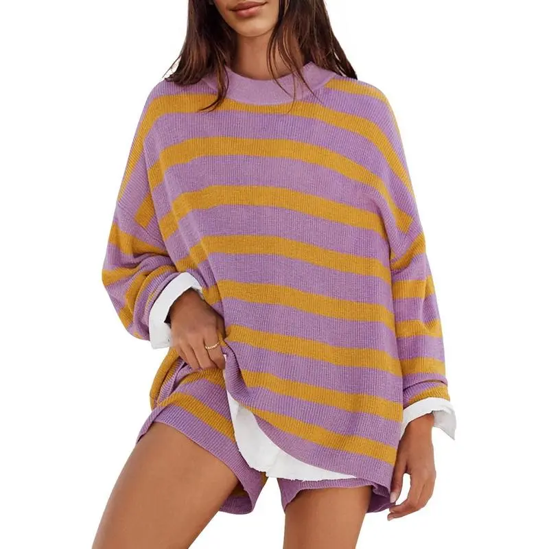 Women's 2 Piece Sweater Lounge Sets Striped Long Sleeve Shorts Oversized Matching Outfits