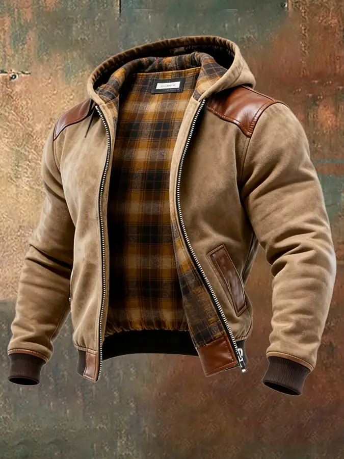 Men's Vintage Suede and Plaid Lining Multi-Pocket Outdoor Jacket