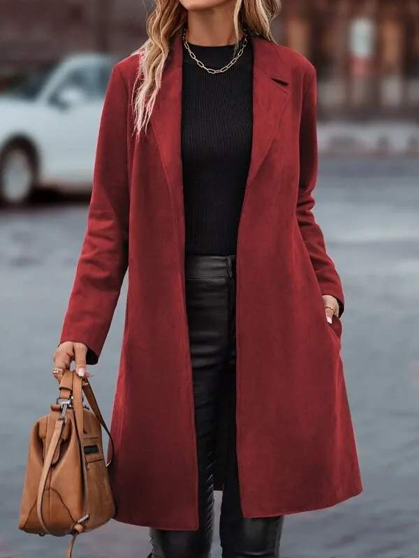 Lapel Neck Slant Pockets Open Front Belted Coat