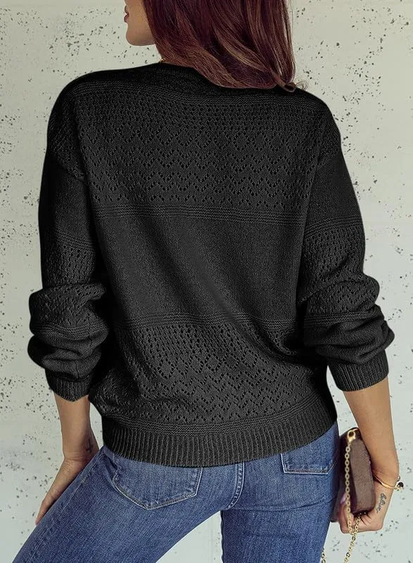Womens Sweaters Casual Long Sleeve V Neck Lightweight Crochet Pullover Sweater Tops