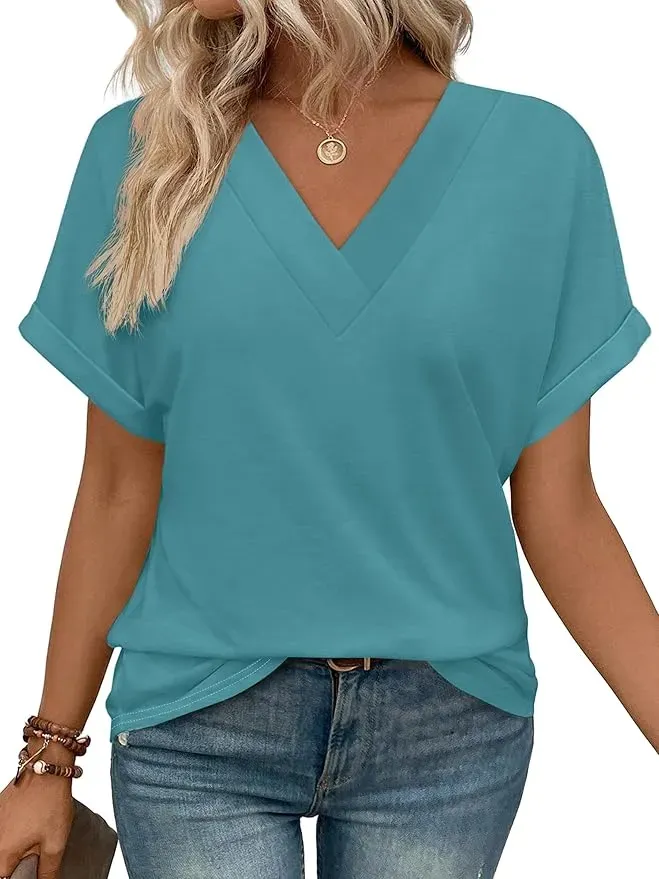 ✨Womens Summer V Neck Short Sleeve Solid Color Basic T Shirt