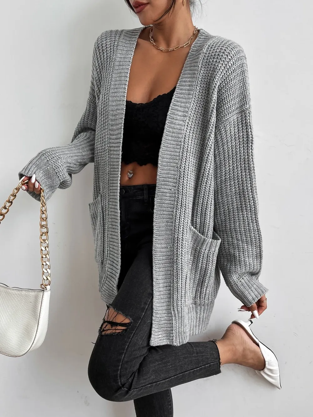 Frenchy Solid Dual Pockets Ribbed Knit Cardigan
