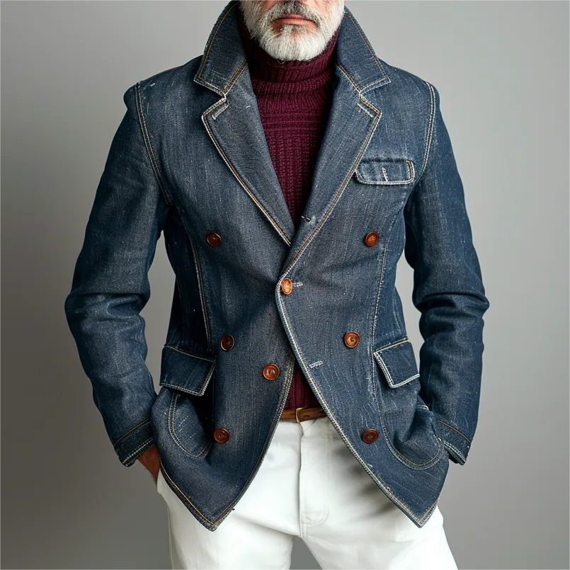 Men's Business Denim Notch Lapel Buttons Flap Pocket Blazer