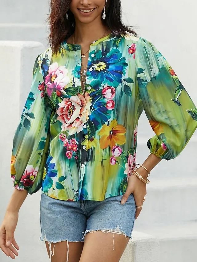 Women's Shirt Blouse Floral Button Print Casual Holiday Daily Basic Long Sleeve V Neck Blue Fall & Winter