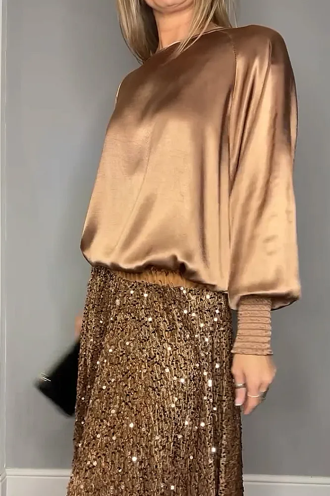Women's fashion satin top and sequined skirt two-piece set