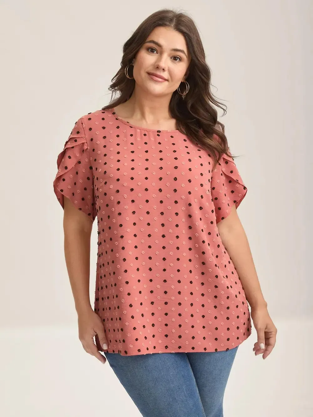 Textured Color Contrast Petal Sleeve Blouse