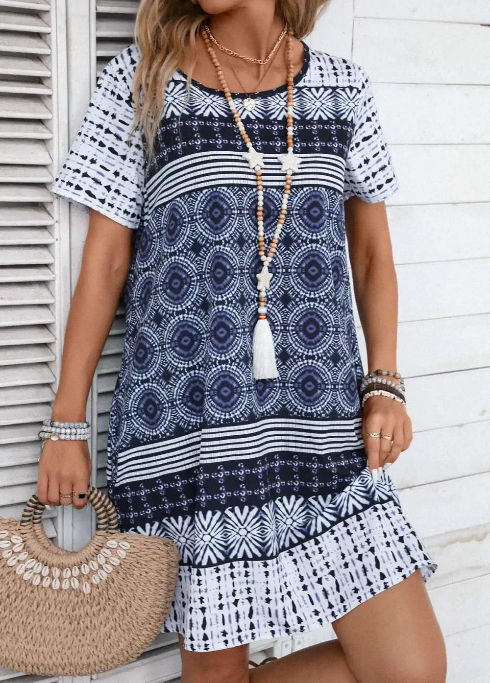 Blue Tribal Print A Line Short Sleeve Dress