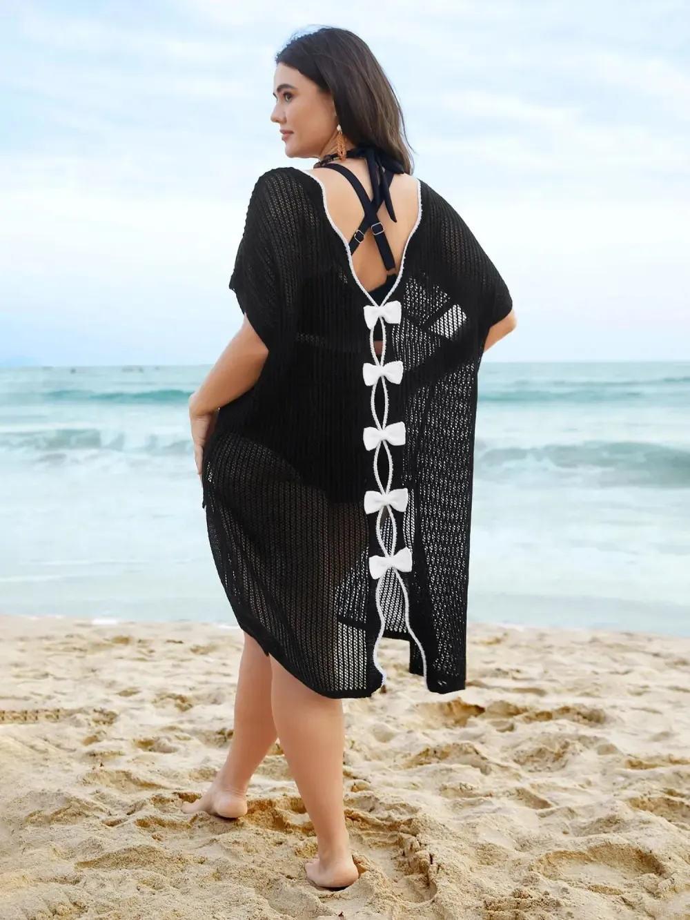 Scalloped Neck Textured Bow Swim Cover Up