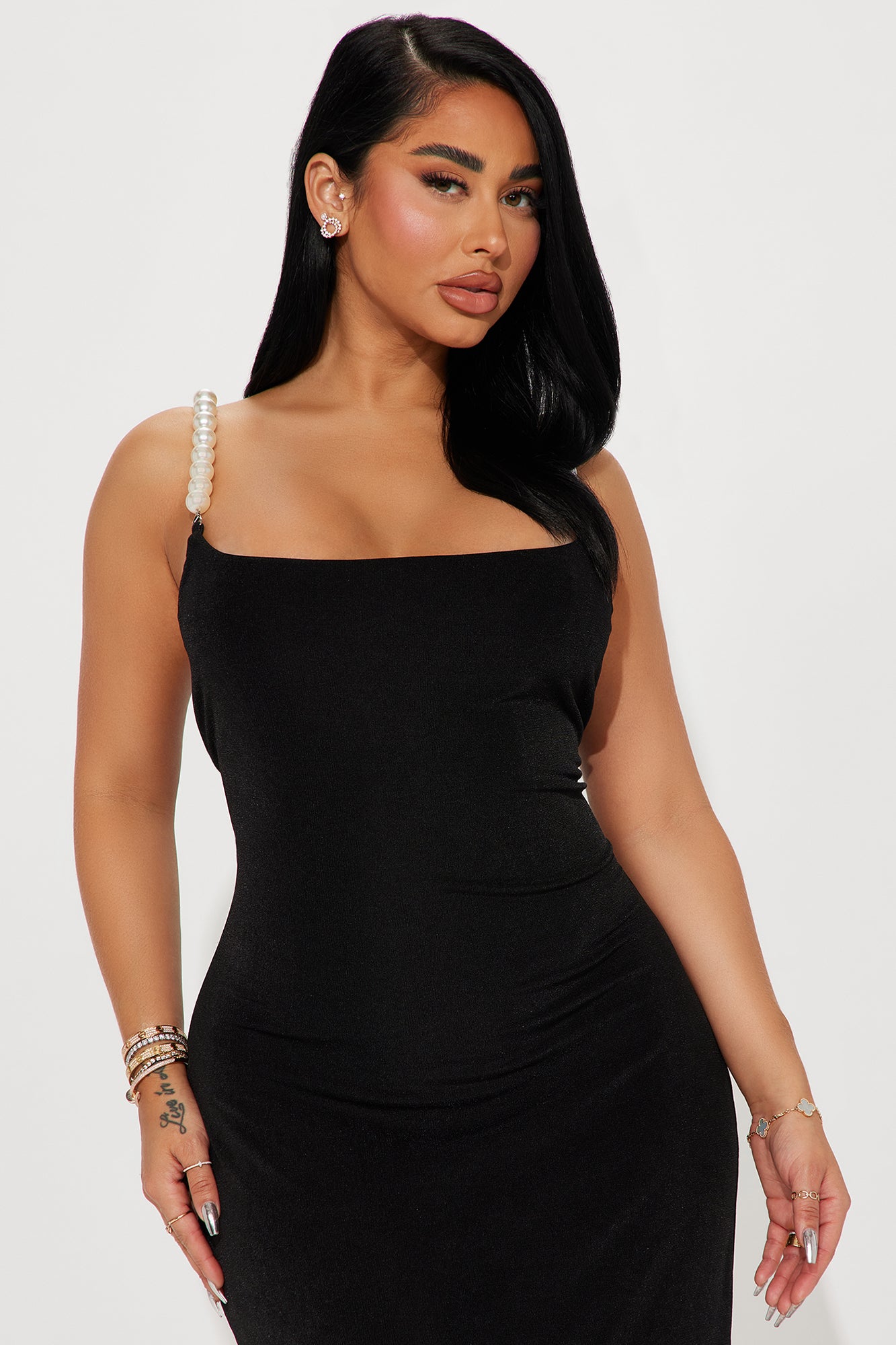 Pearl Strap Maxi Dress - Black
