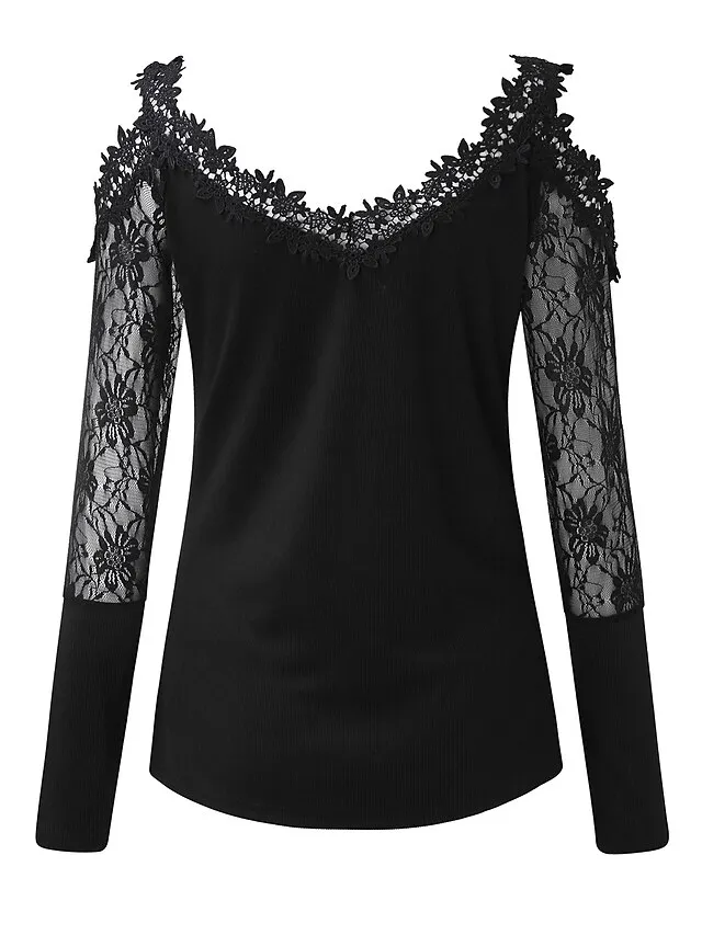 Women's T shirt Tee Going Out Tops Burgundy Tee Plain Casual Weekend Black Wine Blue Lace Cut Out Long Sleeve Basic Off Shoulder V Neck Regular Fit Fall & Winter