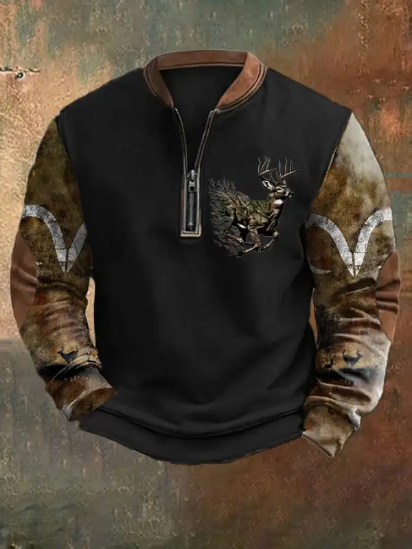 Men's Camouflage Elk Print Zip-Up Sweatshirt