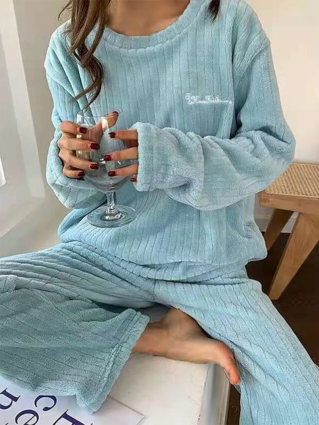 Women's Fleece Fluffy Fuzzy Warm Pajamas Sets Letter Plush Casual Comfort Home Daily Bed Coral Fleece Coral Velvet Warm Crew Neck Long Sleeve Pullover Pant Elastic Waist Fall Winter Light Pink White