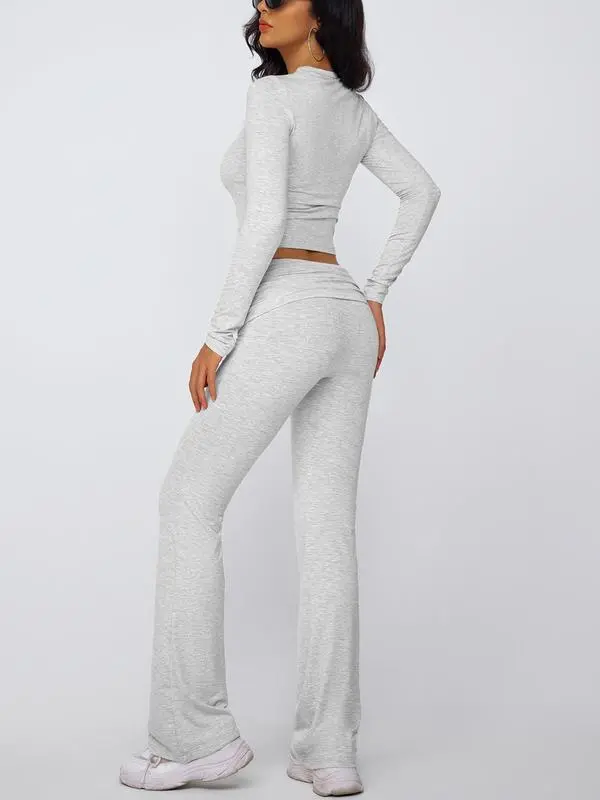 Women's Summer 2-Piece Set: Long-Sleeve Crop Tee + Fold-Over Waist Flare Leg Pants (Casual Elegant)